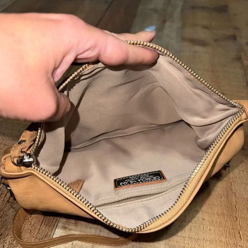 GIORGIA MILANI Purse Shoulder Crossbody Bag Tan Italian Leather Western Silver